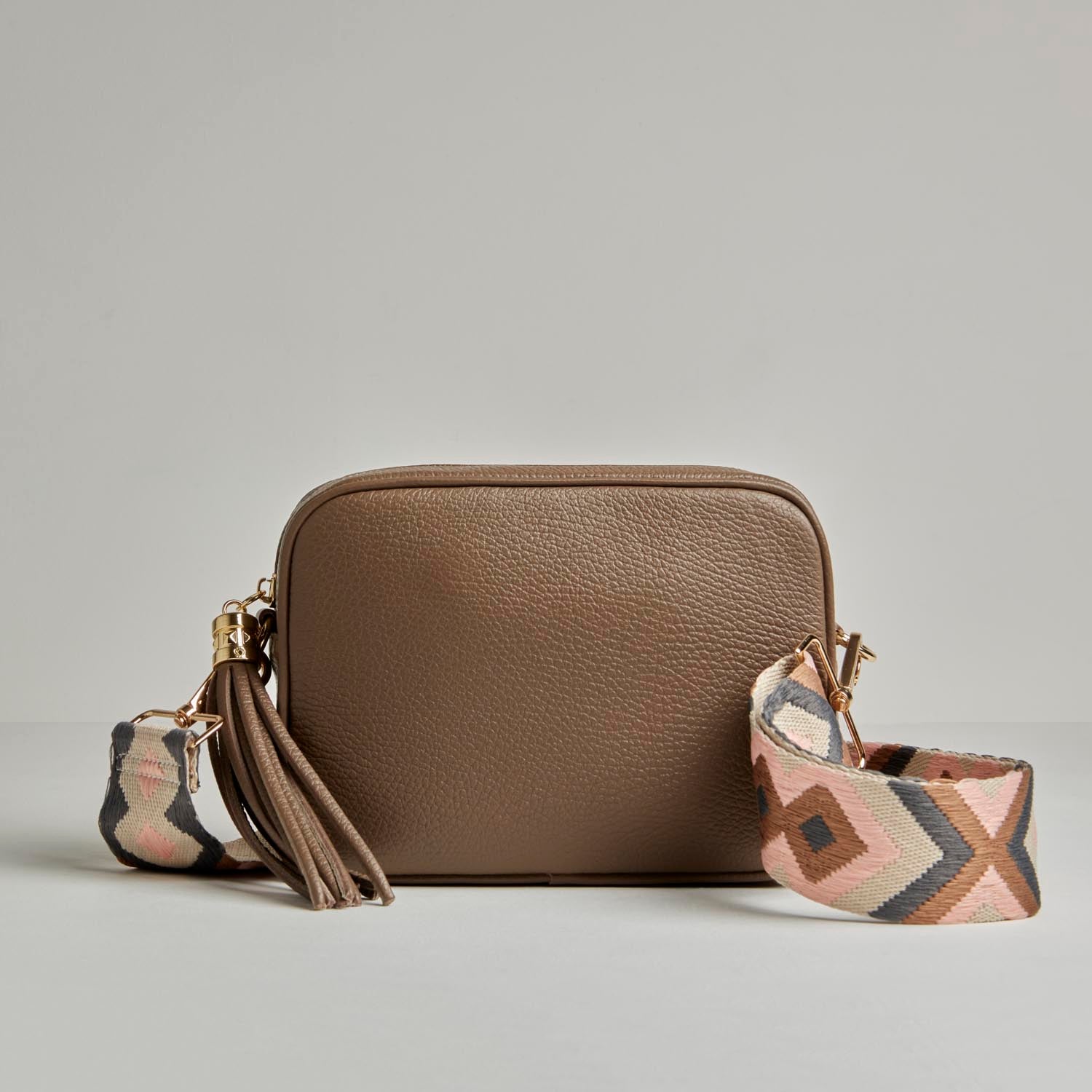Crossbody Strap -  Pink and Grey Bohemian Print (Gold Hardware)
